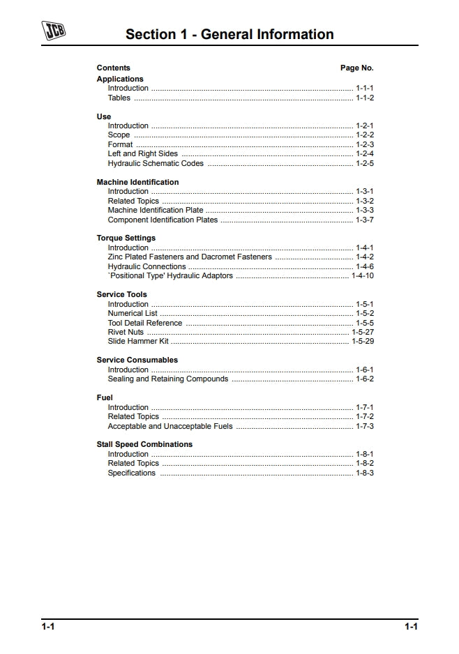 Section 1 General Information Service Manual - Side Engine Loadalls