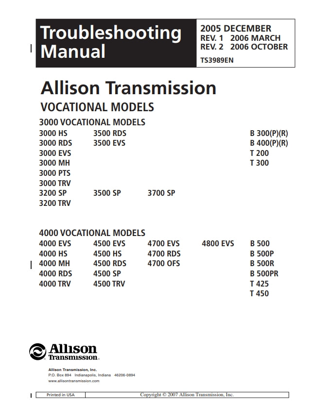 Troubleshooting Manual Allison Transmission VOCATIONAL MODELS