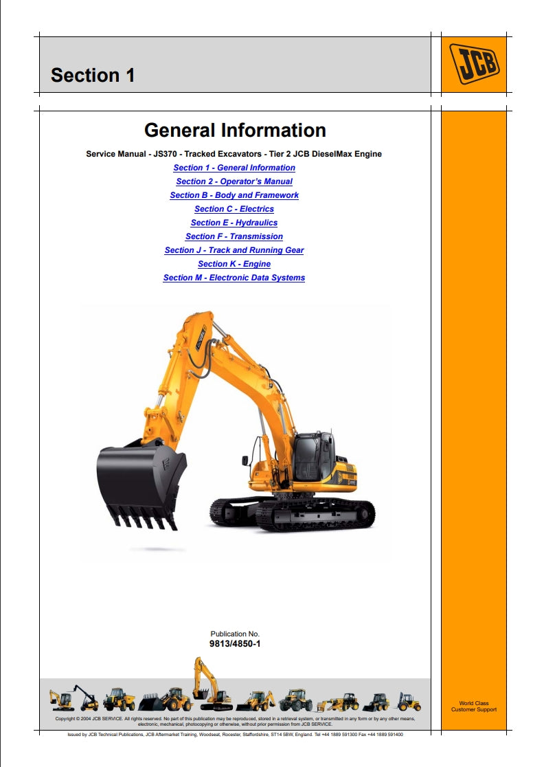 Service Manual JS370 - Tracked Excavators - Tier 2 JCB DieselMax Engine
