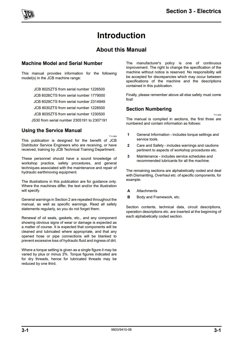 Service Manual 8025ZTS, 8026CTS, JS30, 8029CTS, 8030ZTS, 8035ZTS