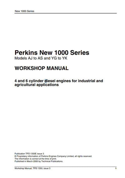 Perkins New 1000 Series Models AJ to AS and YG to YK WORKSHOP MANUAL