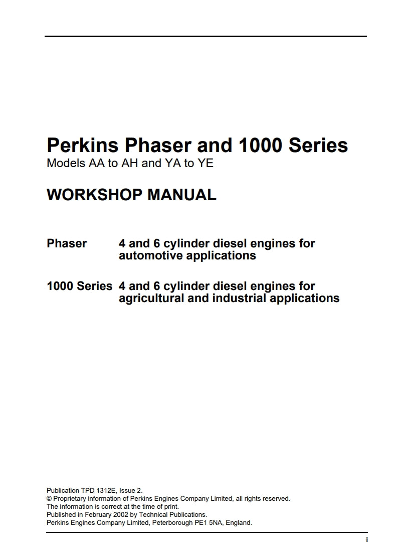 Perkins Phaser and 1000 Series Models AA to AH and YA to YE WORKSHOP MANUAL