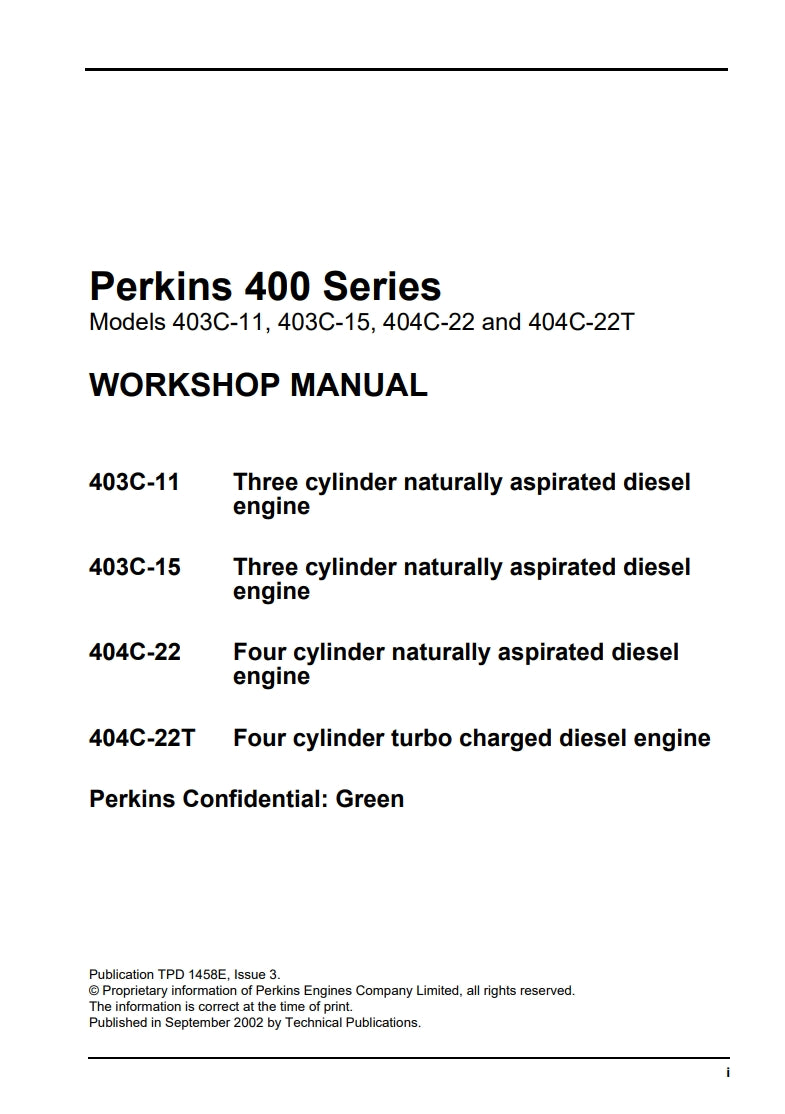 Perkins 400 Series Models 403C-11, 403C-15, 404C-22 and 404C-22T WORKSHOP MANUAL