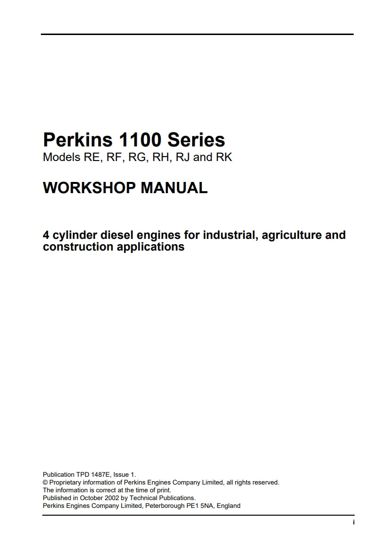 Perkins 1100 Series Models RE, RF, RG, RH, RJ and RK WORKSHOP MANUAL
