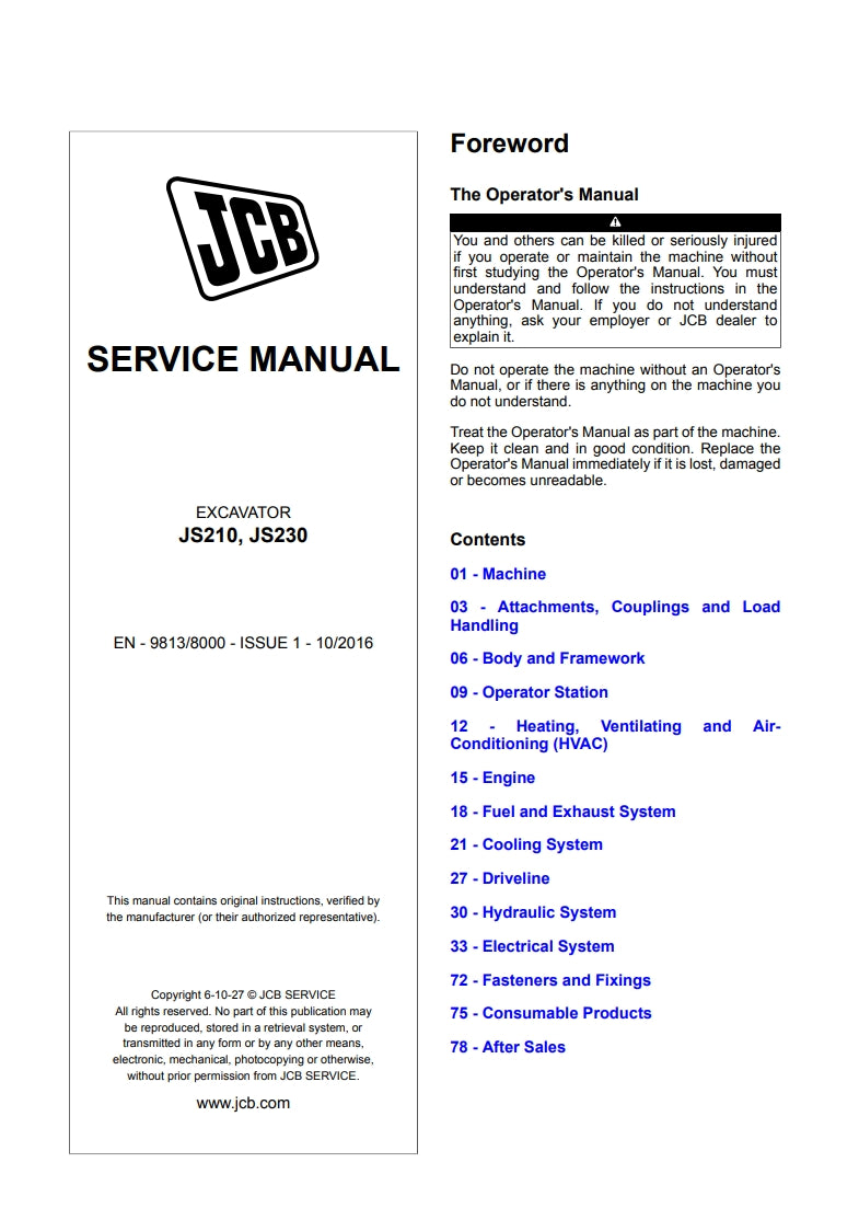 SERVICE MANUAL EXCAVATOR JS210, JS230