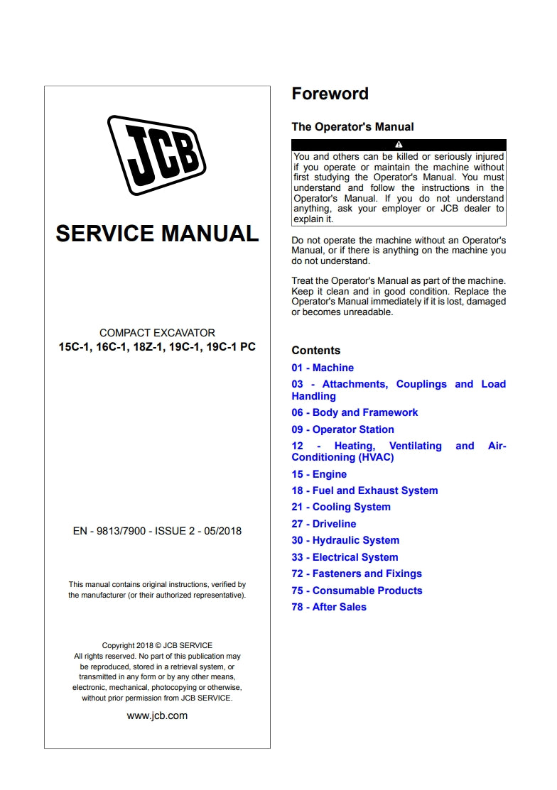 SERVICE MANUAL COMPACT EXCAVATOR 15C-1, 16C-1, 18Z-1, 19C-1, 19C-1 PC
