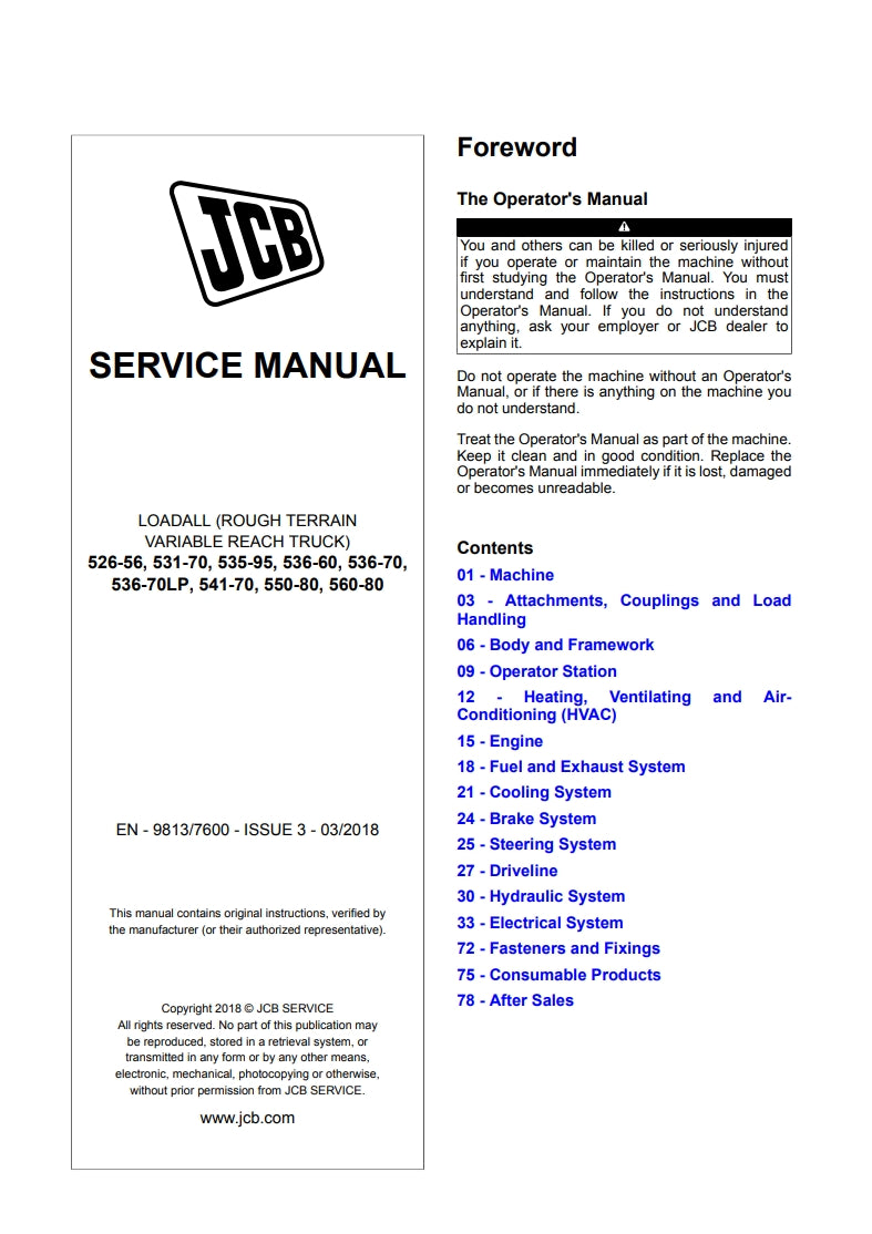 SERVICE MANUAL LOADALL (ROUGH TERRAIN VARIABLE REACH TRUCK) 526-56, 531-70, 535-95, 536-60, 536-70, 536-70LP, 541-70, 550-80, 560-80