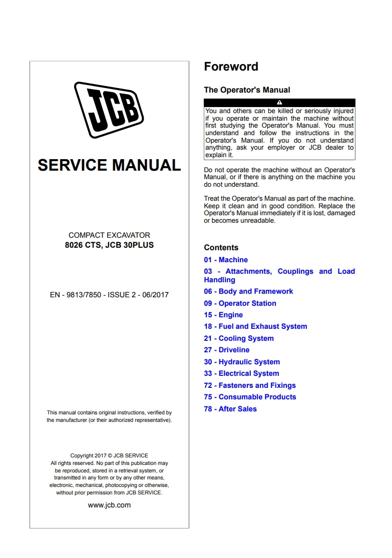 SERVICE MANUAL COMPACT EXCAVATOR 8026 CTS, JCB 30PLUS