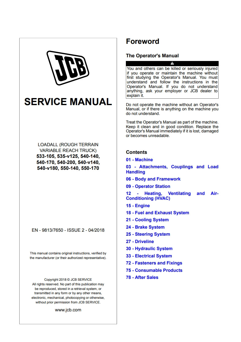 SERVICE MANUAL LOADALL (ROUGH TERRAIN VARIABLE REACH TRUCK) 533-105, 535-v125, 540-140, 540-170, 540-200, 540-v140, 540-v180, 550-140, 550-170