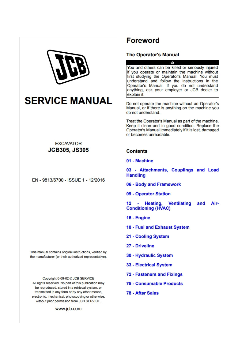 SERVICE MANUAL EXCAVATOR JCB305, JS305