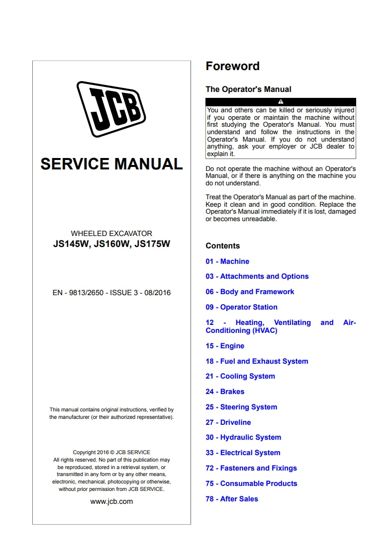 SERVICE MANUAL WHEELED EXCAVATOR JS145W, JS160W, JS175W