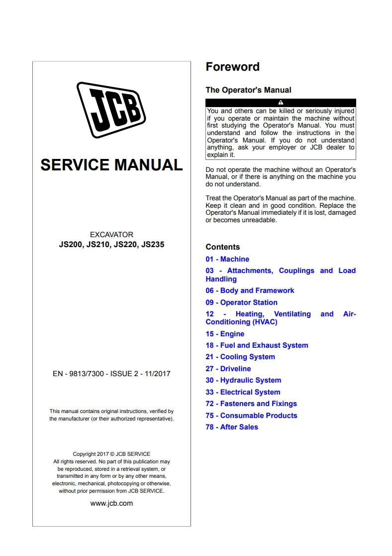 SERVICE MANUAL EXCAVATOR JS200, JS210, JS220, JS235