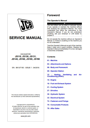SERVICE MANUAL EXCAVATOR JS115, JS130, JS131, JS145, JS160, JS180, JS190