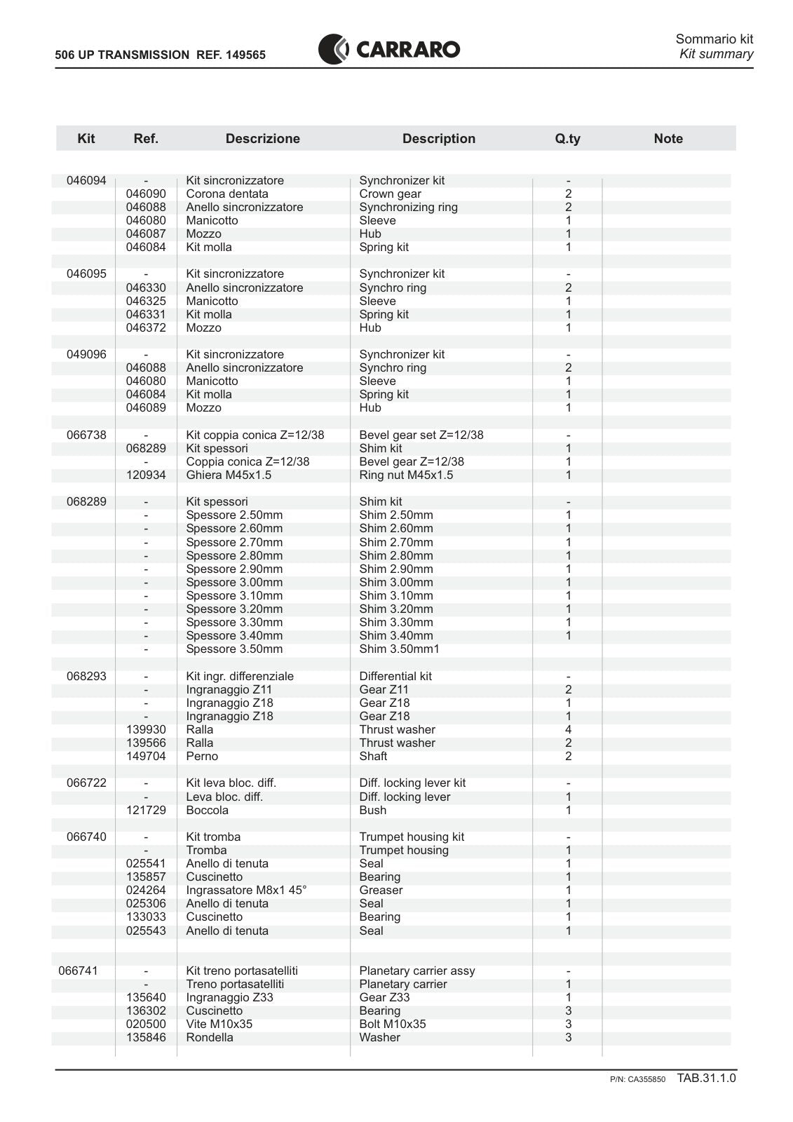 Carraro 506 UP Transmission Parts Catalog (Ref. 149565) – sample page 3