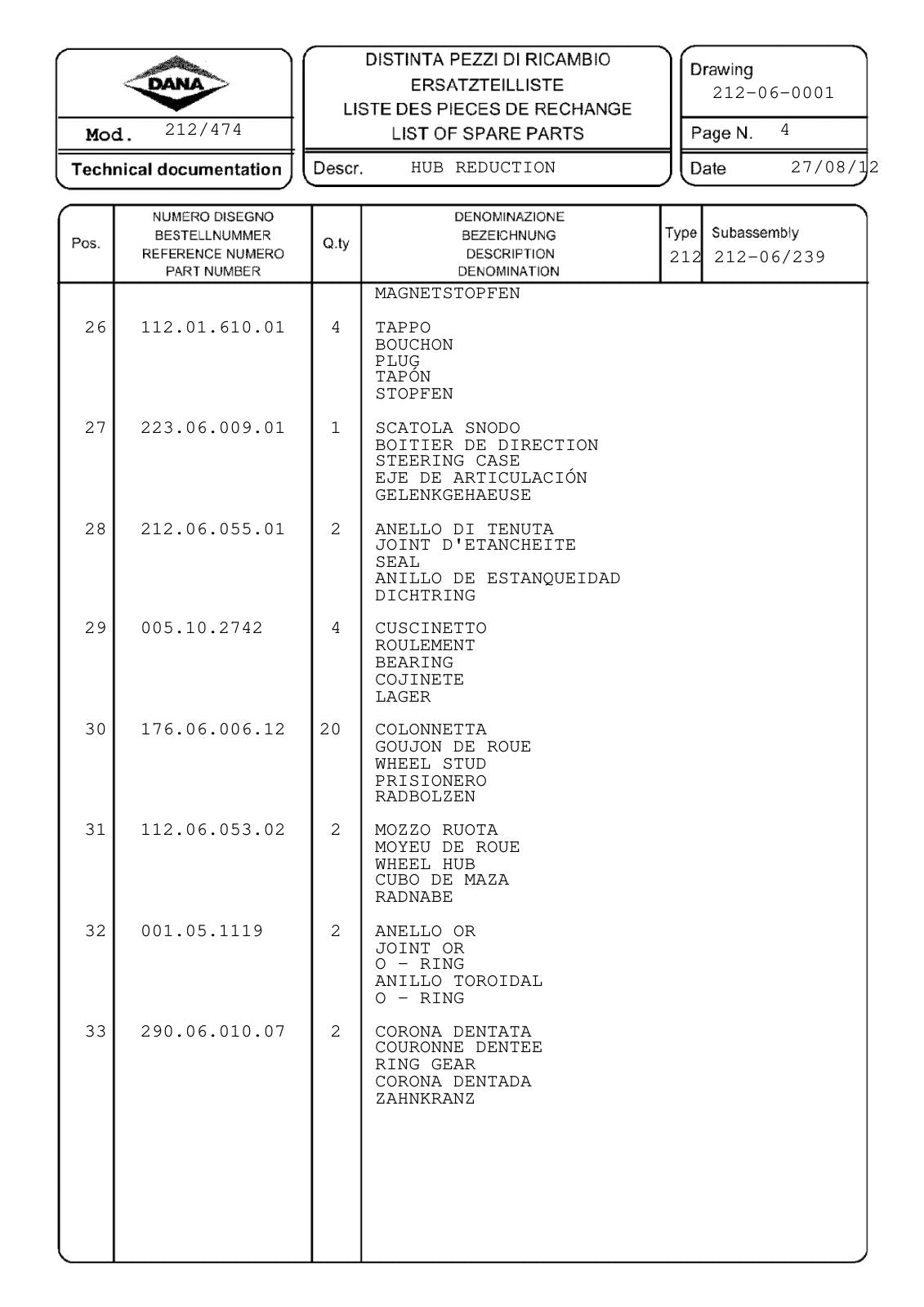 Dana Spicer 212/474 Steering Axle Parts Catalog for Manitou MT845HT Telehandler (Manitou 910269) – sample page 3