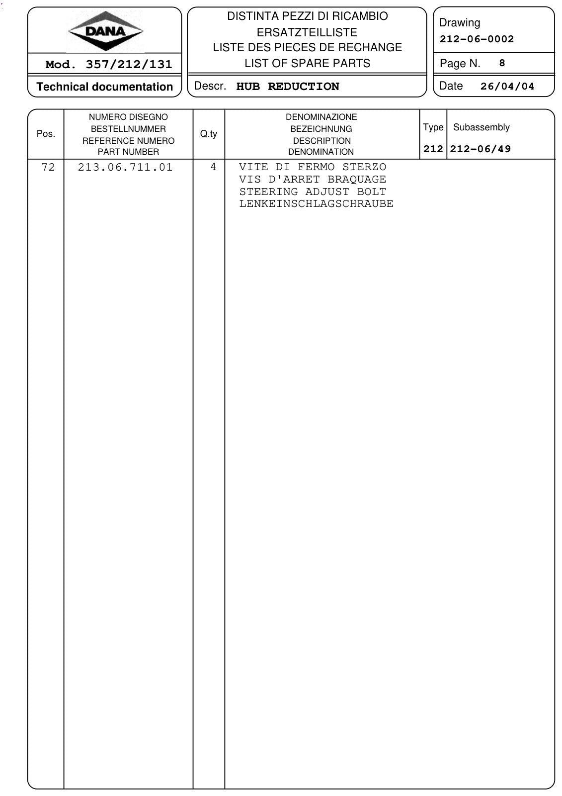 Dana Spicer 357/212/131 Steering Axle with Drop Box Parts Catalog for Piccini DBL 3500 LO Concrete Mixer – sample page 3