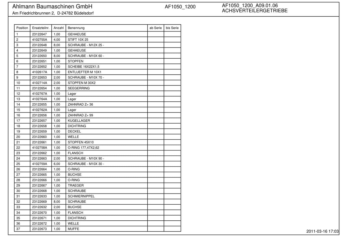 Ahlmann AF1050, AF1200 Wheel Loader Parts Catalog – sample page 1