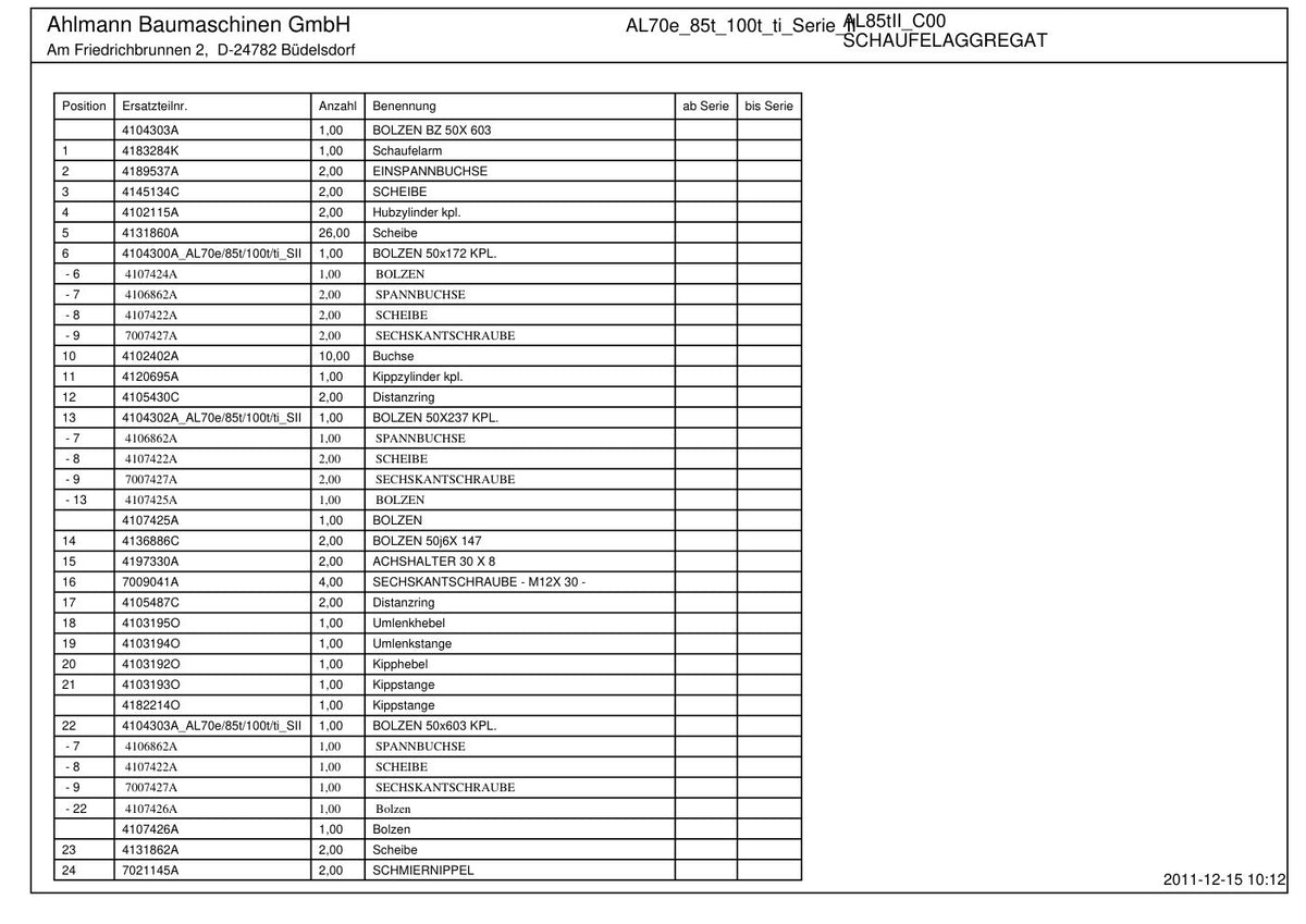 Ahlmann AL70e, AL85t, AL100t, AL100ti Series II Wheel Loader Parts Catalog – sample page 1