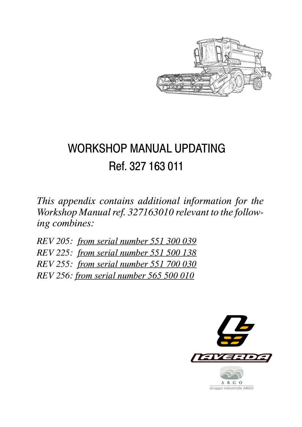 Laverda 205 REV, 225 REV, 255 REV, 256 REV Combine Workshop Manual Update 327163011 – cover