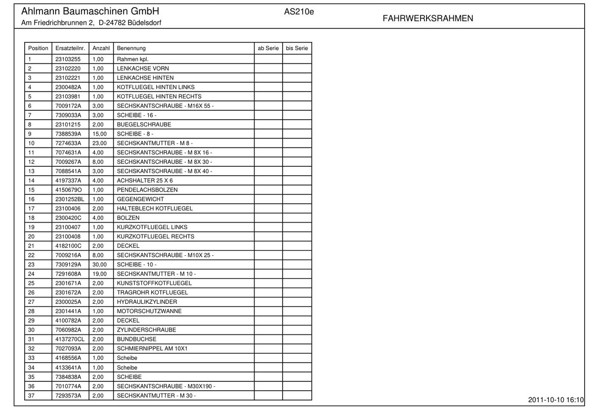 Ahlmann AS210e (AZ210e) Swing Loader Parts Catalog – sample page 1