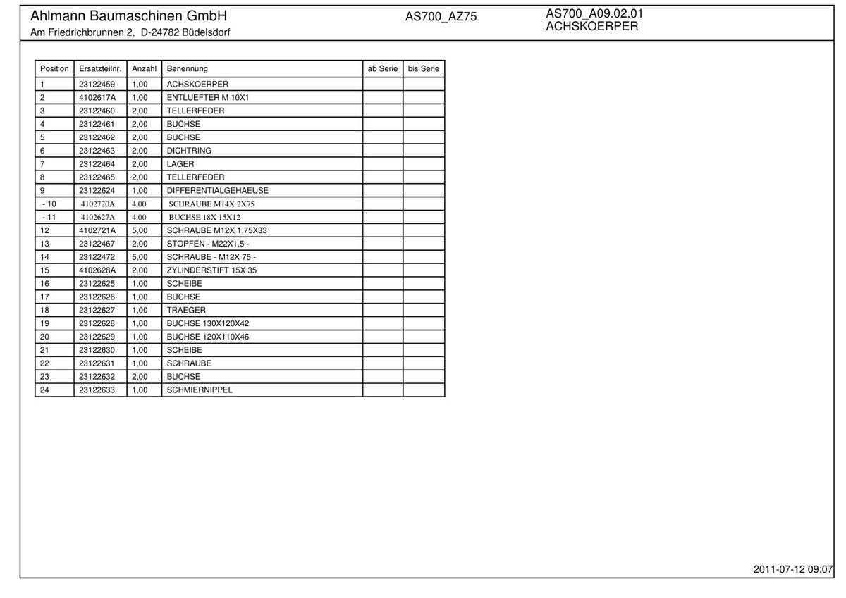Ahlmann AS700 (AZ75) Swing Loader Parts Catalog – sample page 1