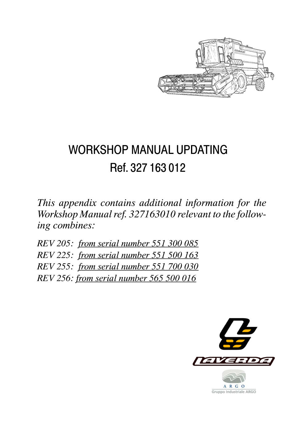 Laverda 205 REV, 225 REV, 255 REV, 256 REV Combine Workshop Manual Update 327163012 (Tier III) – cover