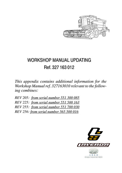 Laverda 205 REV, 225 REV, 255 REV, 256 REV Combine Workshop Manual Update 327163012 (Tier III) – cover