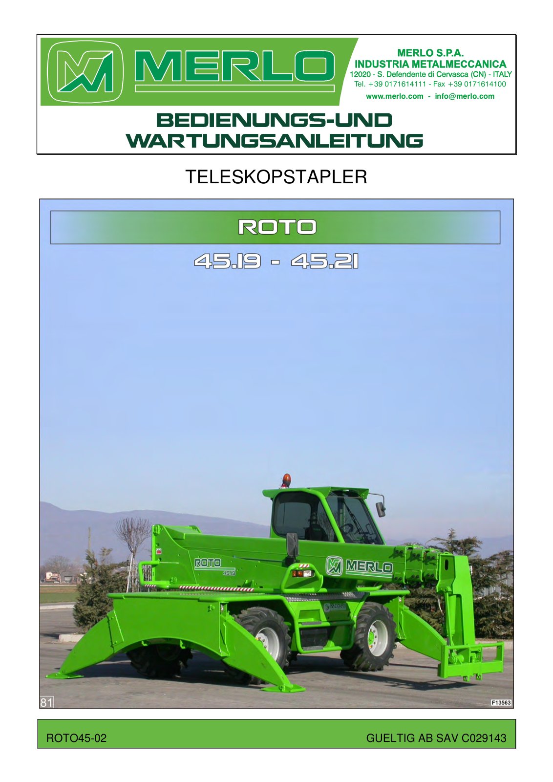 Merlo Roto SM 600° R45.19, R45.21 Service Manual Set with Diagrams (German) – cover