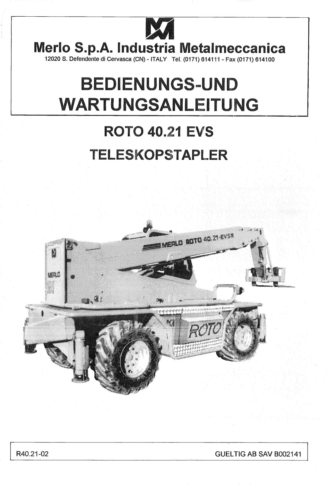 Merlo Roto EVS R40.18, R40.21 Service Manual Set with Diagrams (from S/N 841341, German) – cover
