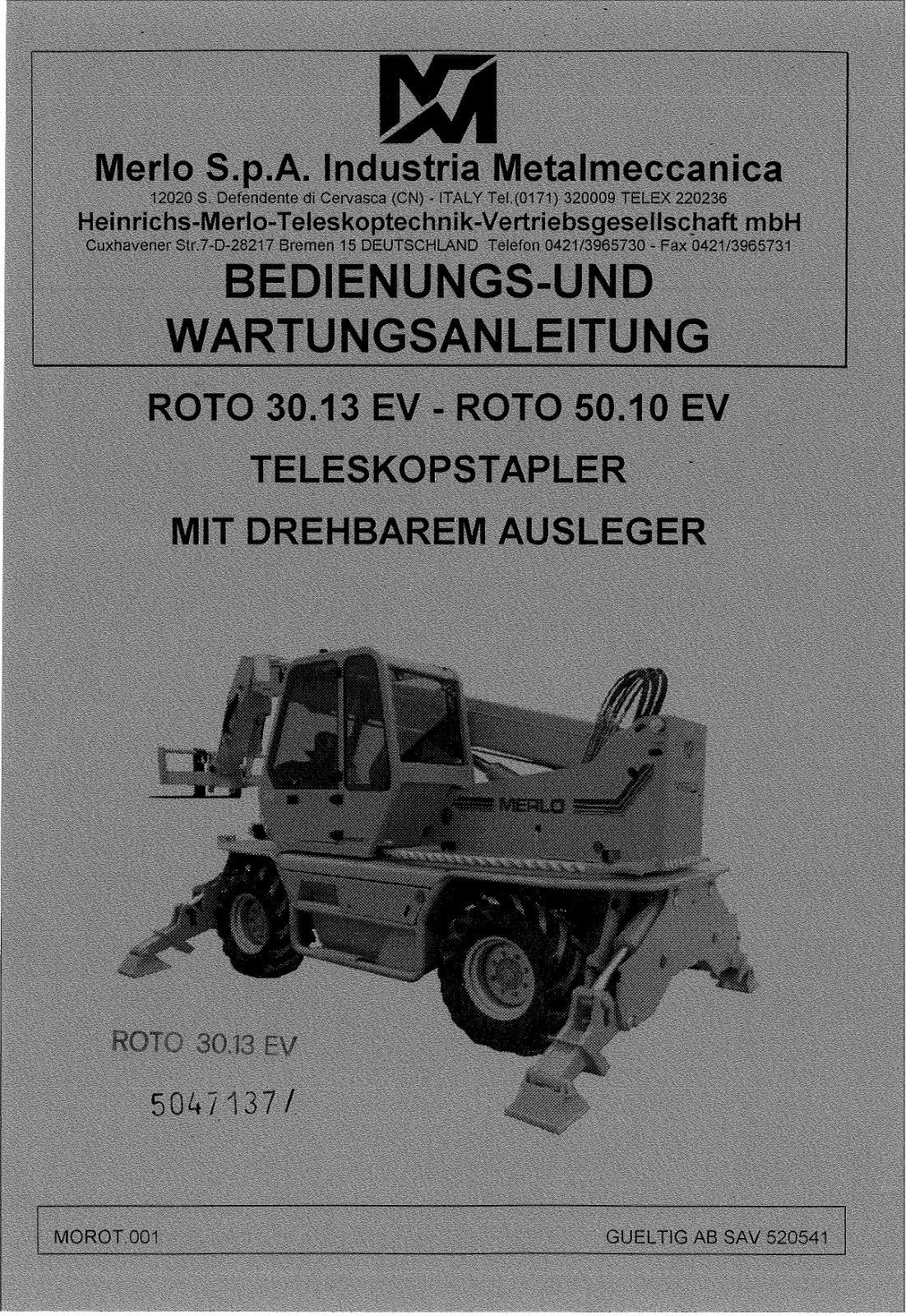 Merlo Roto EV R30.13, R30.16 Service Manual with Hydraulic & Electrical Diagrams (up to S/N 815441, German) – cover