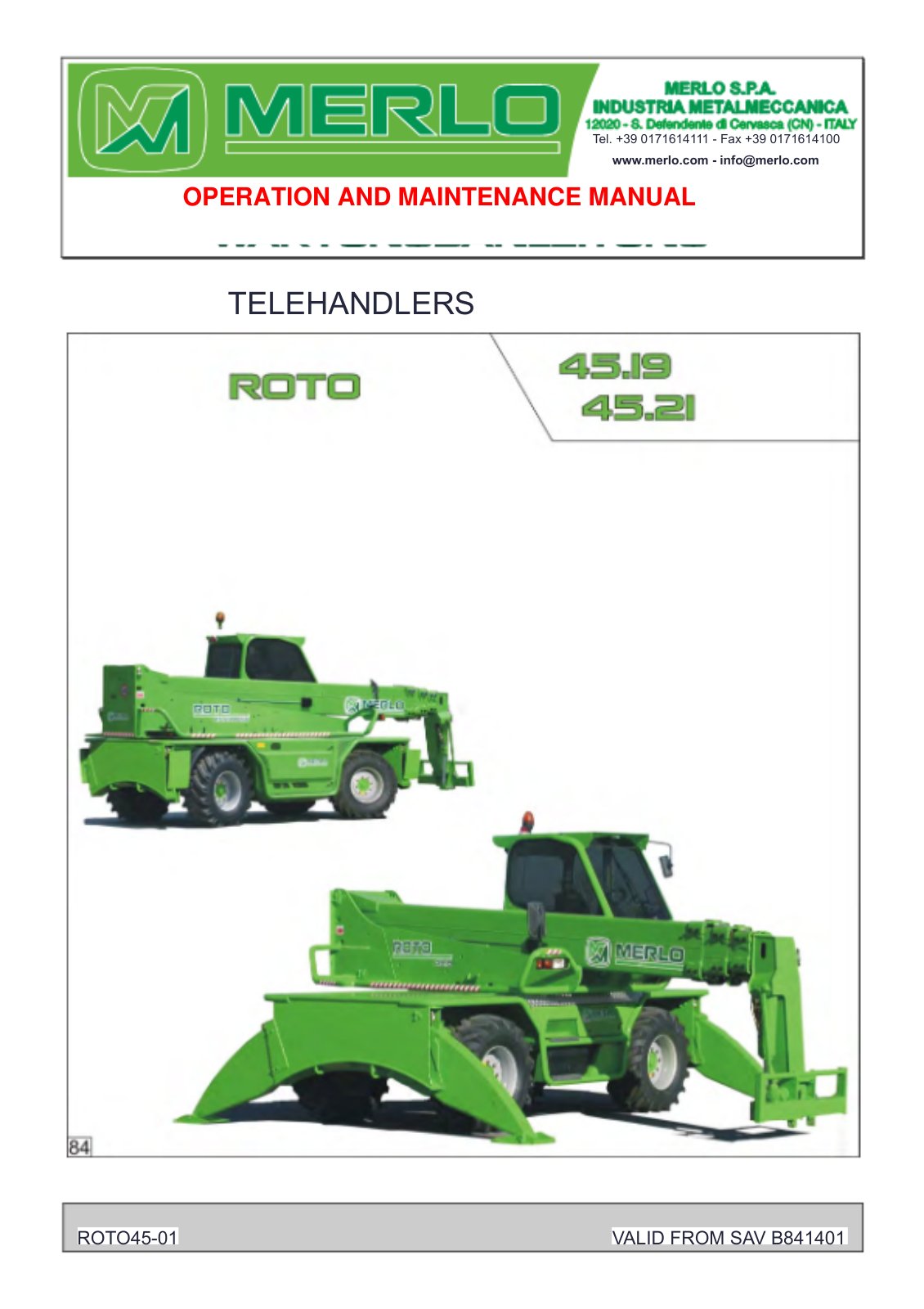 Merlo Roto 45.19, 45.21 SM Operation & Maintenance Manual (from S/N B841401, English) – cover