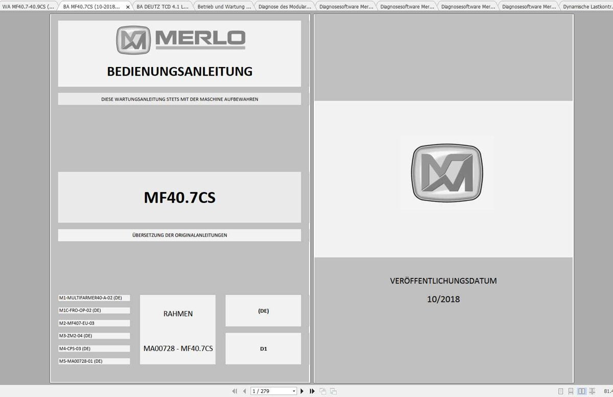 Merlo Multifarmer MF40.7 – 40.9CS Service Manual, Mechanic Manual, Hydraulic & Electrical Diagram DE [PDF]