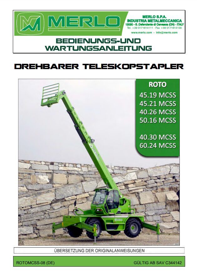 Merlo ROTO MCSS (R40.25 – R40.26 – R40.30 – R45.19 – R45.21, R50.16 – R60.24) Service Manual, Mechanic Manual, Hydraulic & Electrical Diagram DE [PDF]