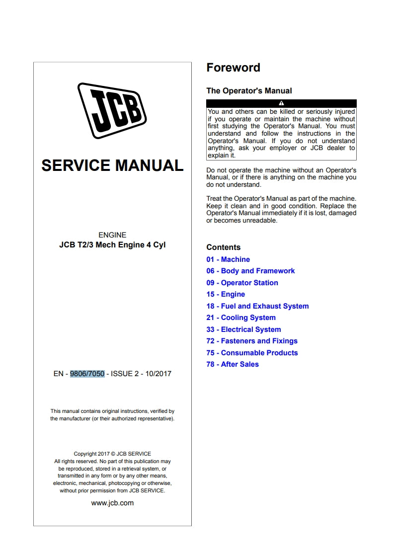 SERVICE MANUAL ENGINE JCB T2/3 Mech Engine 4 Cyl