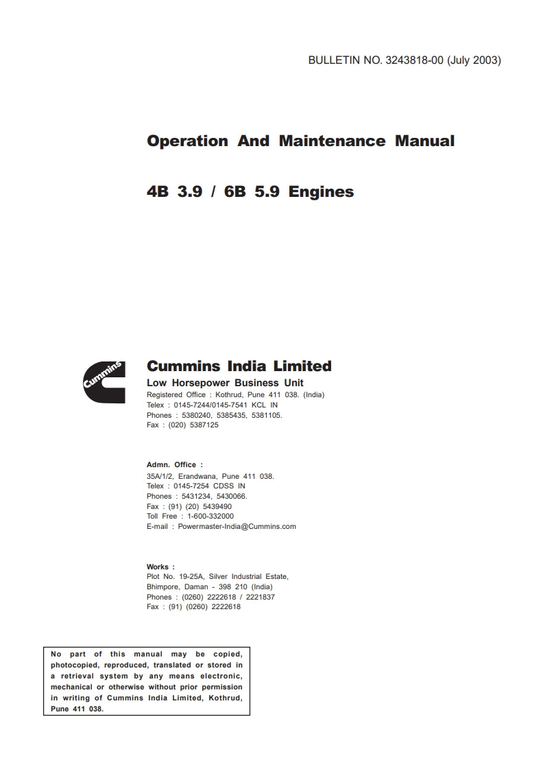 Operation And Maintenance Manual 4B 3.9 / 6B 5.9 Engines