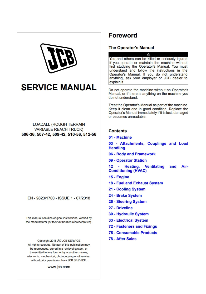 SERVICE MANUAL LOADALL (ROUGH TERRAIN VARIABLE REACH TRUCK) 506-36, 507-42, 509-42, 510-56, 512-56