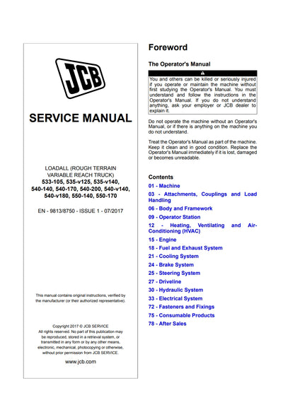 SERVICE MANUAL LOADALL (ROUGH TERRAIN VARIABLE REACH TRUCK) 533-105, 535-v125, 535-v140, 540-140, 540-170, 540-200, 540-v140, 540-v180, 550-140, 550-170