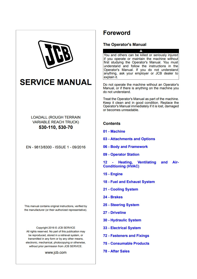 SERVICE MANUAL LOADALL (ROUGH TERRAIN VARIABLE REACH TRUCK) 530-110, 530-70