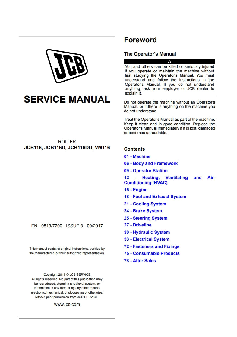 SERVICE MANUAL ROLLER JCB116, JCB116D, JCB116DD, VM116