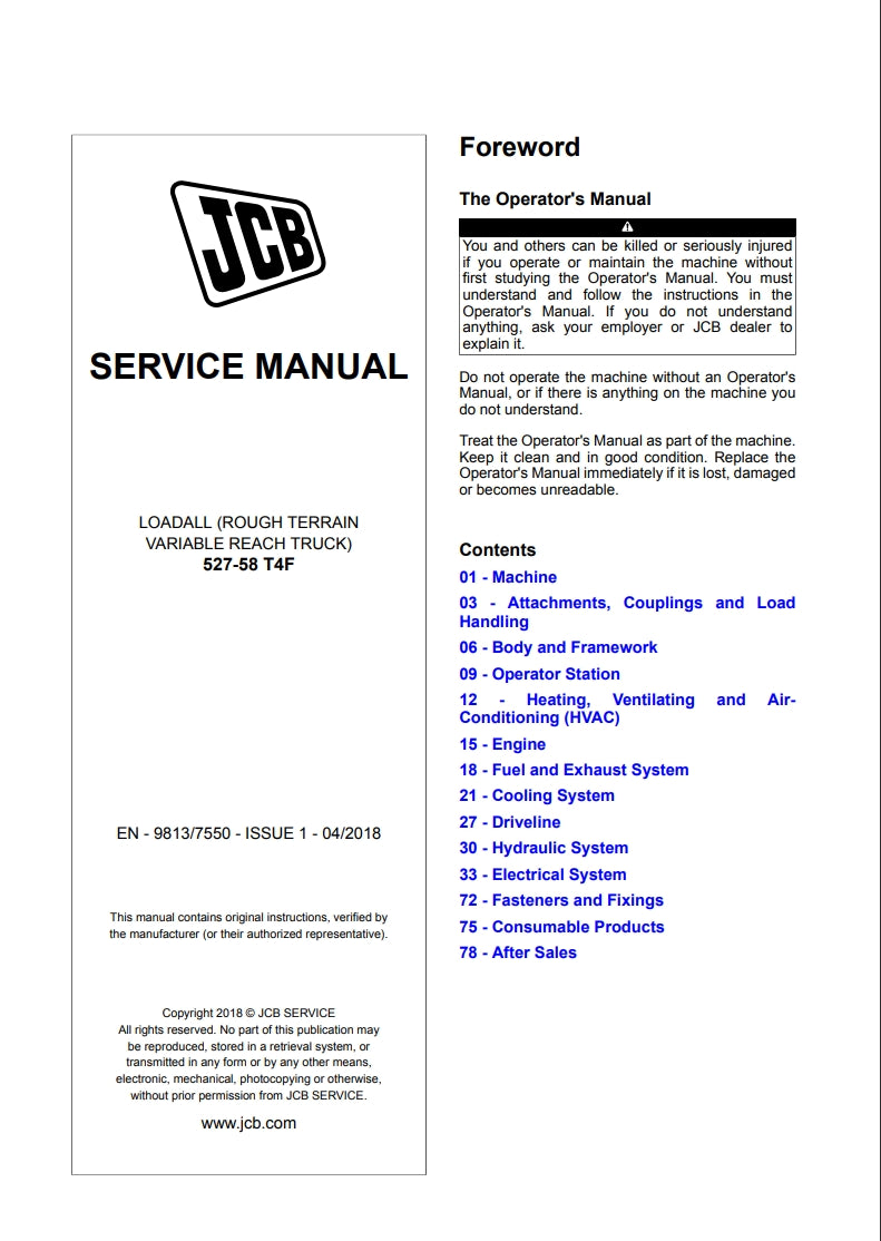 SERVICE MANUAL LOADALL (ROUGH TERRAIN VARIABLE REACH TRUCK) 527-58 T4F