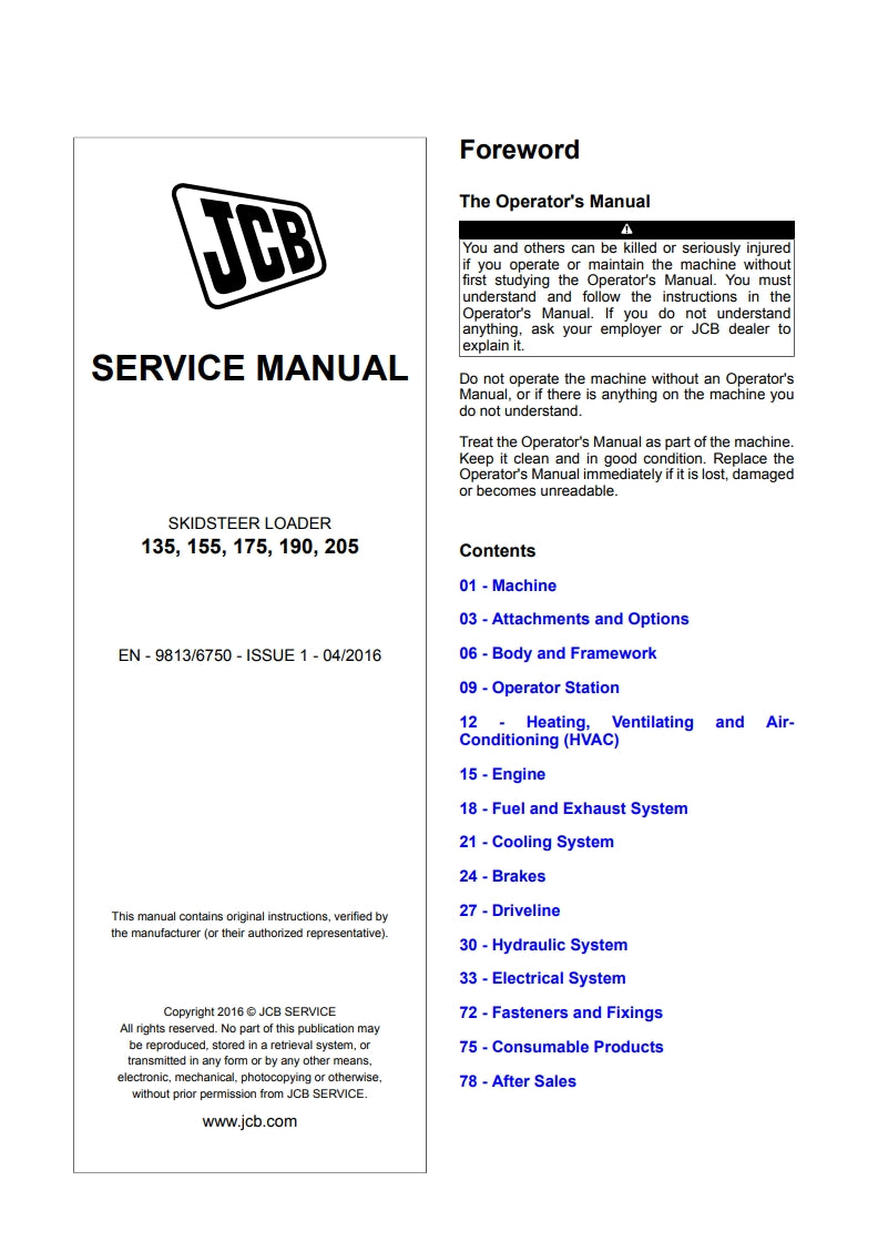 SERVICE MANUAL SKIDSTEER LOADER 135, 155, 175, 190, 205