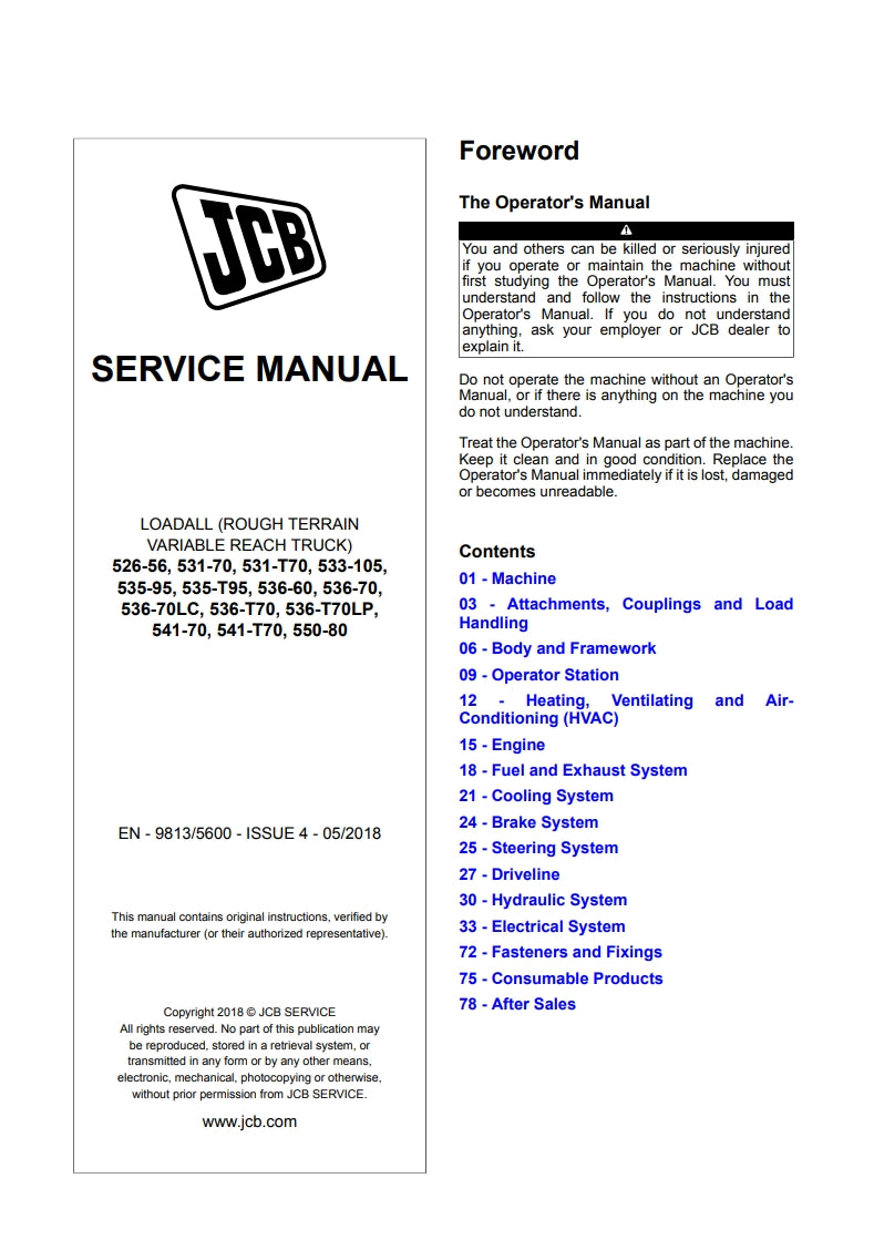 SERVICE MANUAL LOADALL (ROUGH TERRAIN VARIABLE REACH TRUCK) 526-56, 531-70, 531-T70, 533-105, 535-95, 535-T95, 536-60, 536-70, 536-70LC, 536-T70, 536-T70LP, 541-70, 541-T70, 550-80