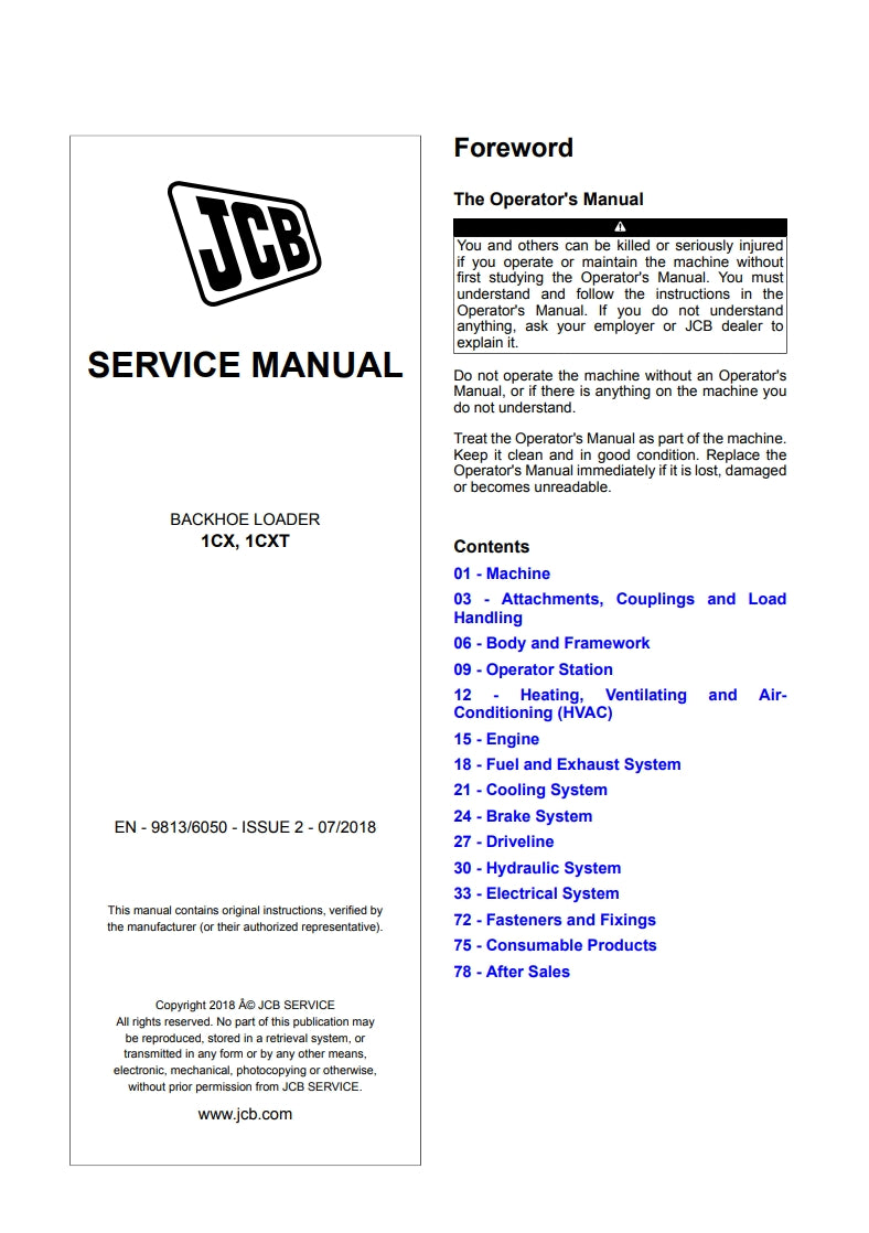 SERVICE MANUAL BACKHOE LOADER 1CX, 1CXT