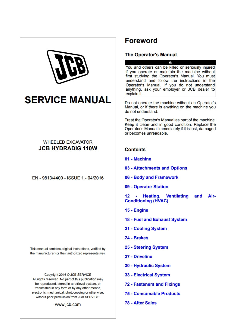 SERVICE MANUAL WHEELED EXCAVATOR JCB HYDRADIG 110W