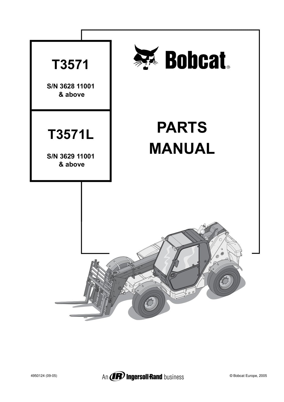 Bobcat T3571 & T3571L Telehandler Parts Manual (P/N 4950124) – cover