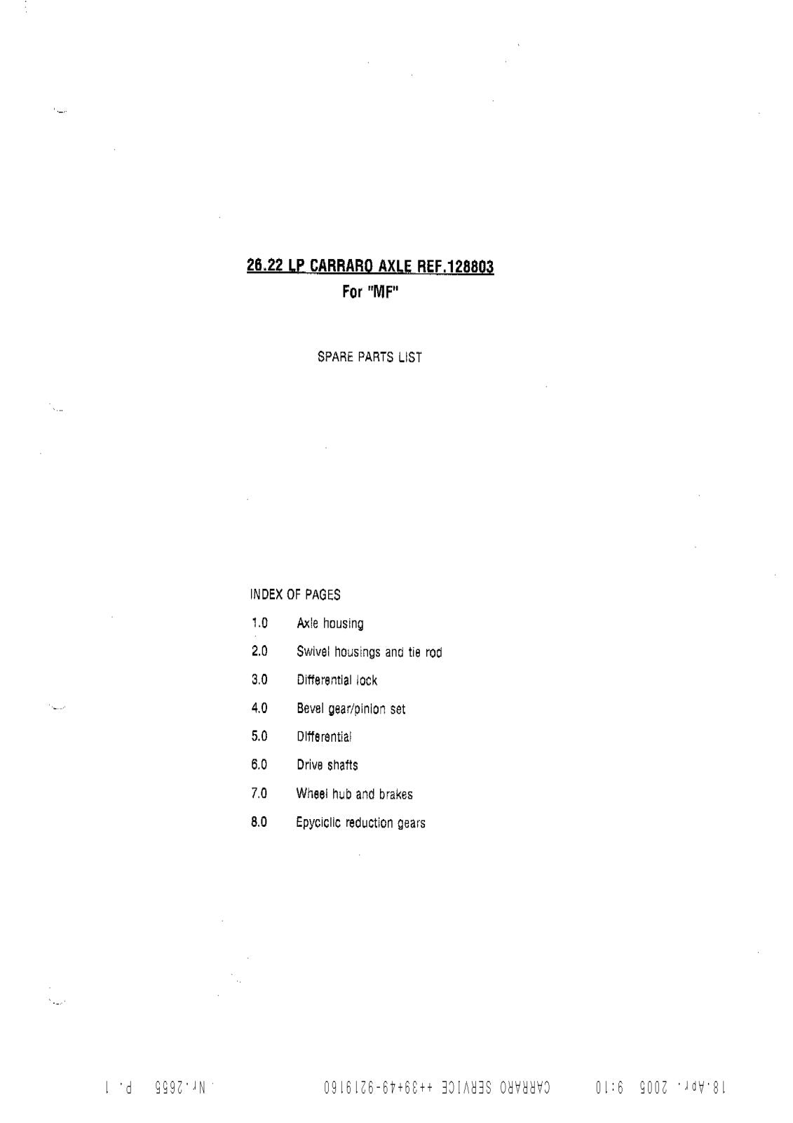 Carraro 26.22 LP Axle Parts Catalog for Massey Ferguson (Ref. 128803) – cover