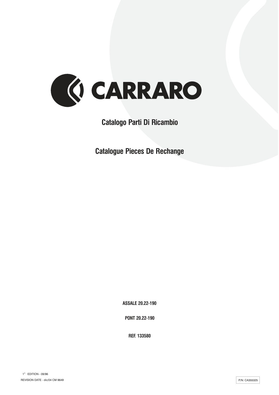 Carraro 20.22-190 Axle Parts Catalog (Ref. 133580) – cover