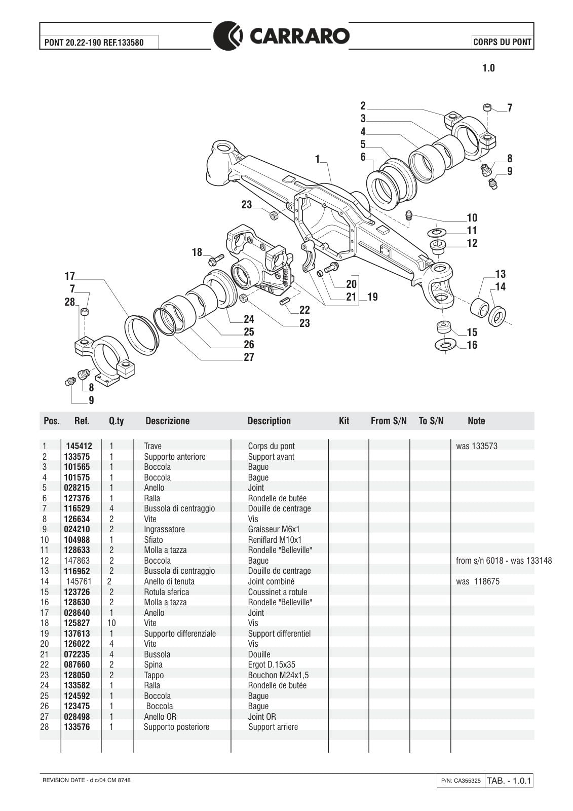 Carraro 20.22-190 Axle Parts Catalog (Ref. 133580) – sample page 1