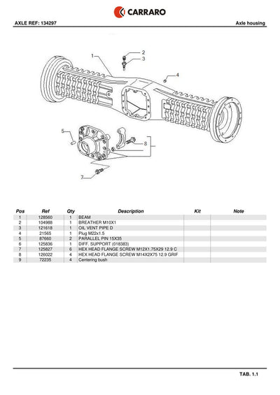 Carraro Axle Parts Catalog (Ref. 134297) – sample page 1