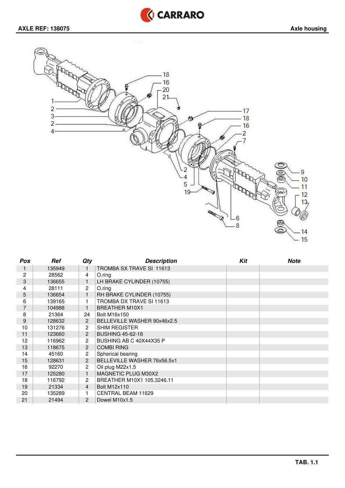 Carraro Axle Parts Catalog (Ref. 138075) – sample page 1